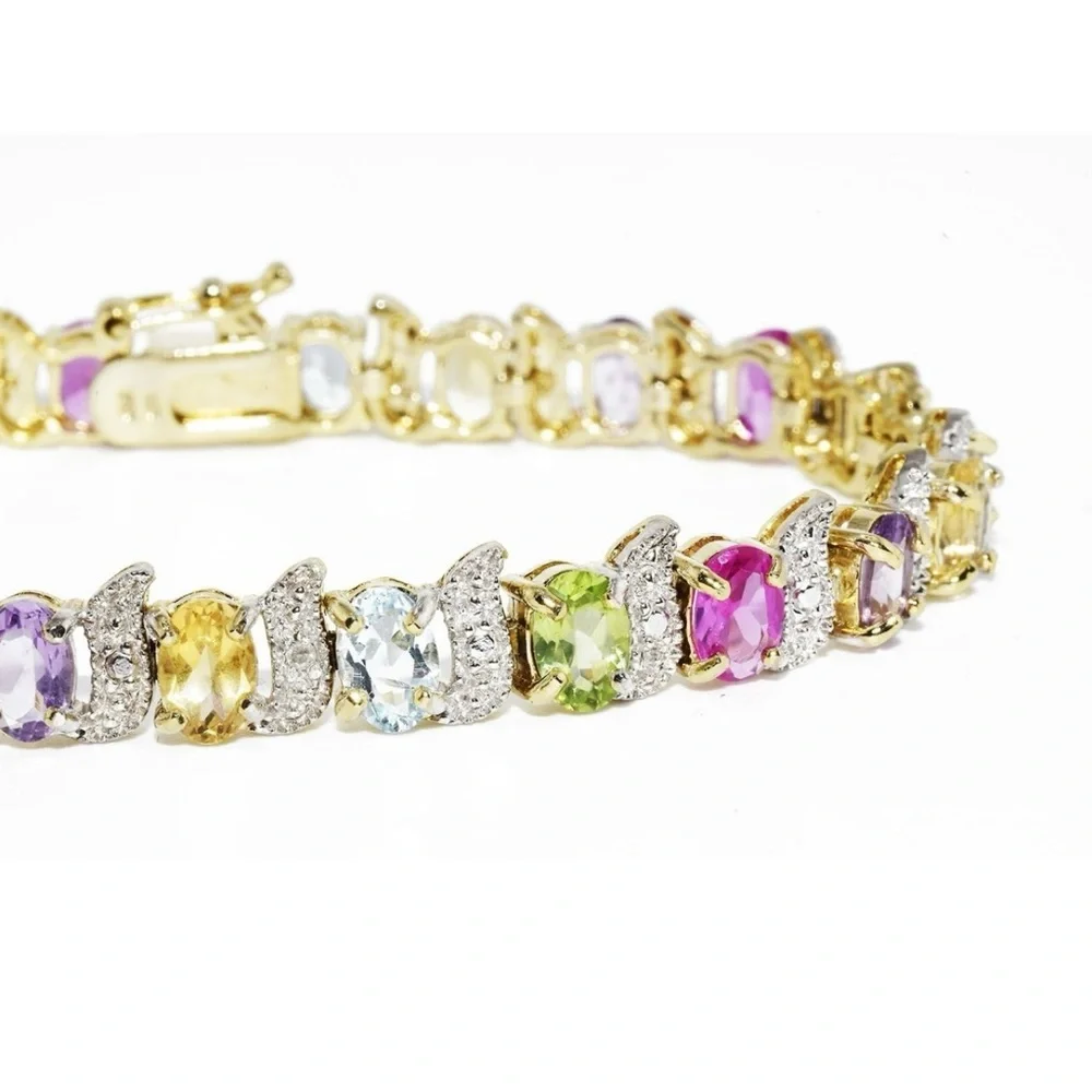 18K Yellow Gold over S/S, Gemstones 12.00CTW, Oval Bracelet w/Diamond Accent - Picture 9 of 13